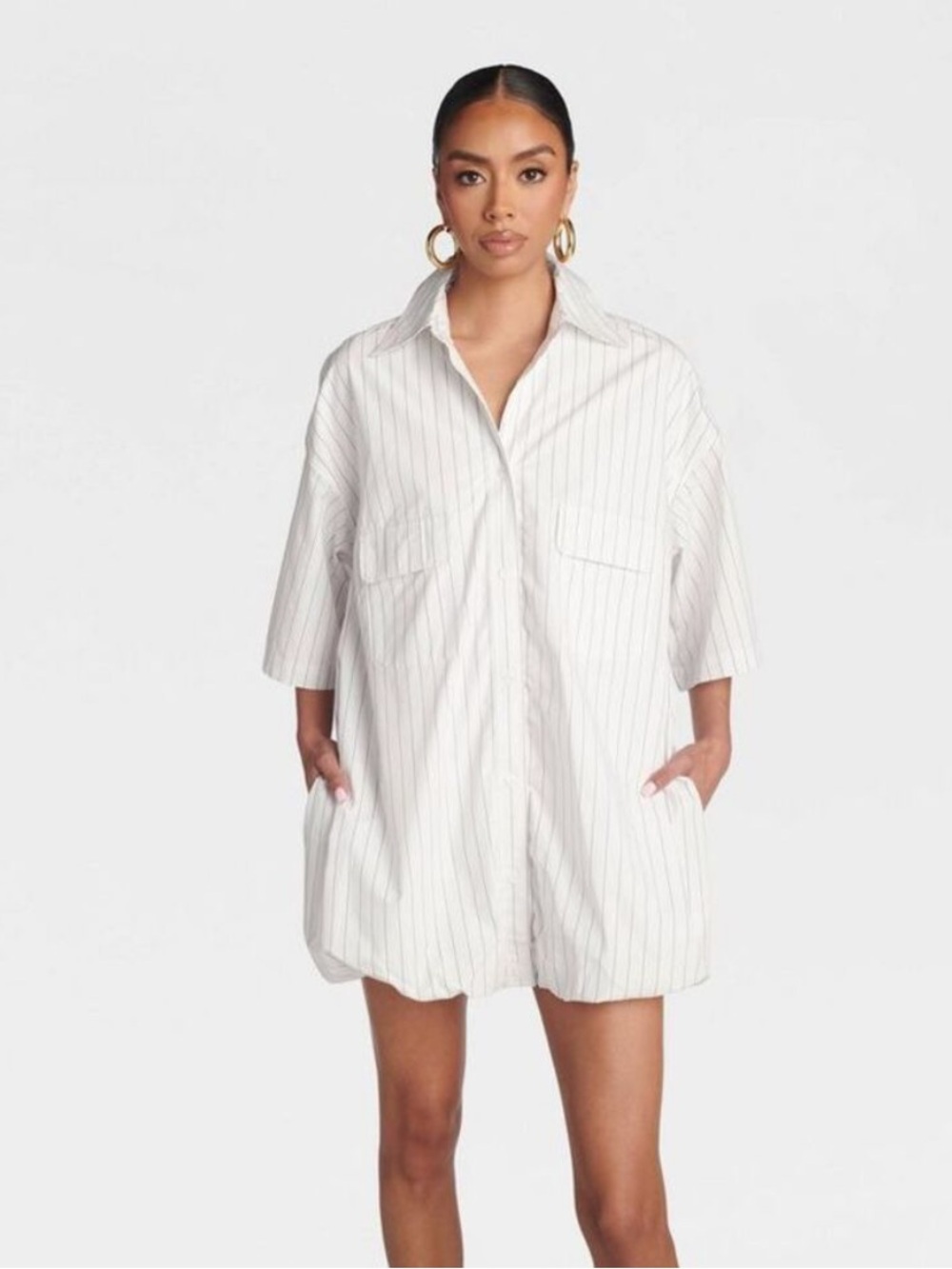 KBB by KAHLANA Women's Short Sleeve 'The Bubble Shirt Dress' White/Navy L NWT